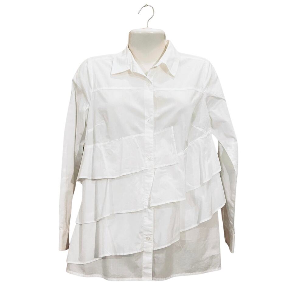 Ann Taylor Loft Women's White W/ Ruffles Button-Up Long Sleeve Cotton Shirt SZ M